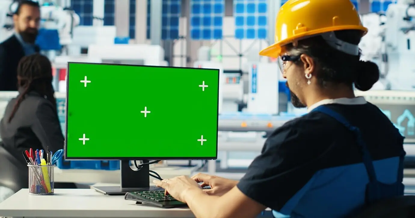Mitarbeiter einer Solarpanelfabrik baut umweltverträgliche Solarzellen an einem Mockup-PC.