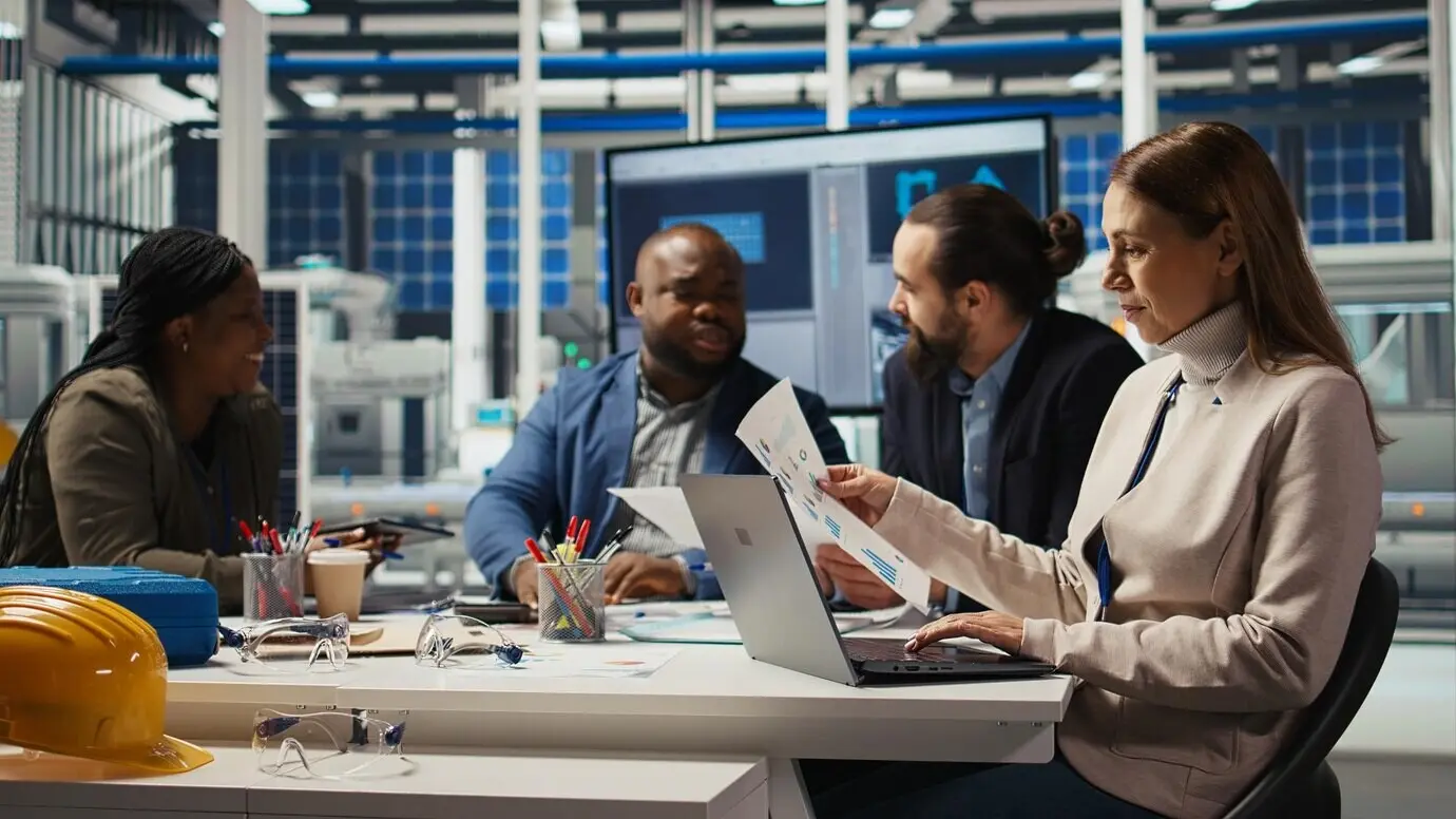 Forscher in einer Industrieanlage arbeiten mit einem Laptop an Durchbrüchen.
